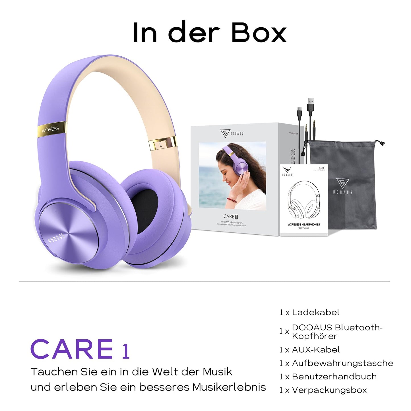 DOQAUS Bluetooth Headphones Over Ear, Up to 90 Hours Wireless Headphones with 3 EQ Modes, HiFi Stereo Foldable Headset with Microphone, Soft Ear Pads for Travel/Office/Cell Phone/PC-Purple - CARE