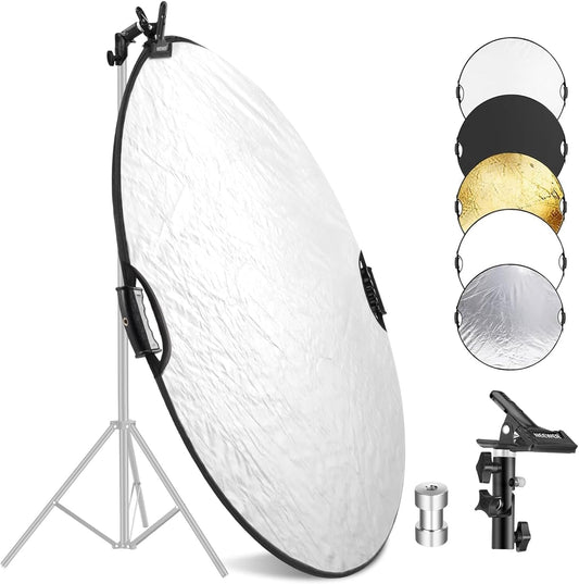 NEEWER 80cm 5-in-1 Light Reflector with Clamp and Handles, Polyester Multi-Disc Photography Diffuser, Translucent/Silver/Gold/White/Black, 3/8" Thread, for Studio and Outdoor Lighting, RF-80II - 90101122