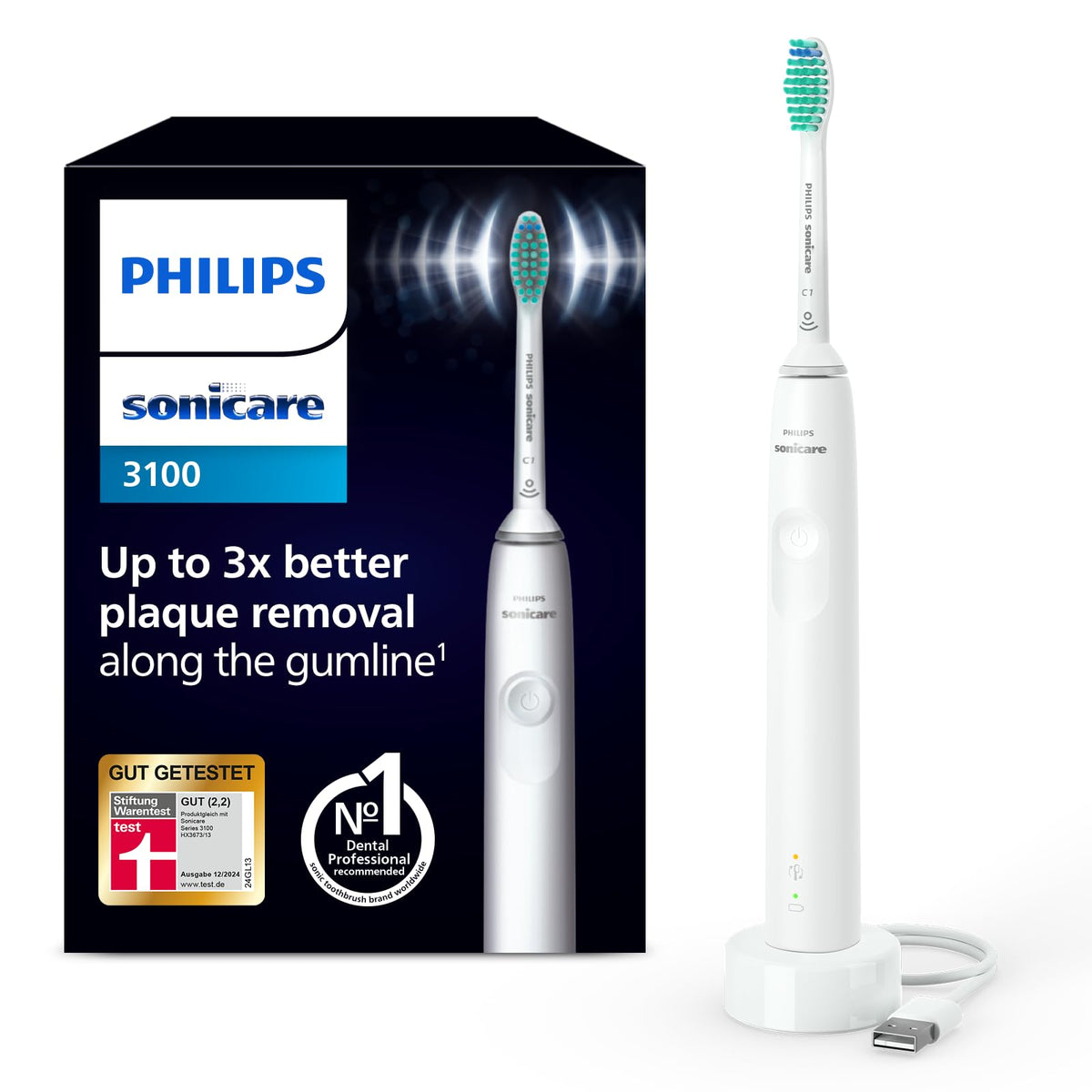 Philips Sonicare 3100 Electric Toothbrush, Sonic Toothbrush, Pressure Control and Timer, White, Model HX3671/13
