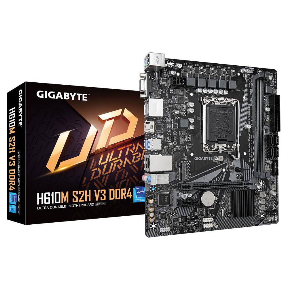 GIGABYTE H610M S2H V3 DDR4 Mainboard - Supports Intel Core processors 14th CPUs, 4+1+1 Hybrid Digital VRM, up to 3200MHz DDR4, 1xPCIe 3.0 M.2, GbE LAN, USB 3.2 Gen 1