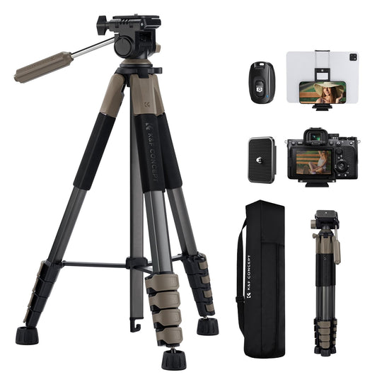 K&F CONCEPT Aluminum Camera Tripod S255A3+BV01, Lightweight Tripod with Bag, 190cm Mobile Phone Tripod for Canon Nikon Sony Camera/DSLR/Camcorder/Smartphone, Travel Tripod with Mobile Phone Tablet Holder (Grey)