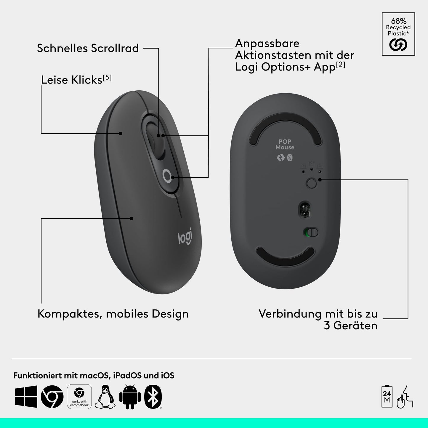 Logitech POP ICON Combo, Bluetooth keyboard and mouse set, comfortable typing, programmable buttons, quiet clicks, easy switch for up to 3 devices, QWERTZ DEU - graphite - 920-013106
