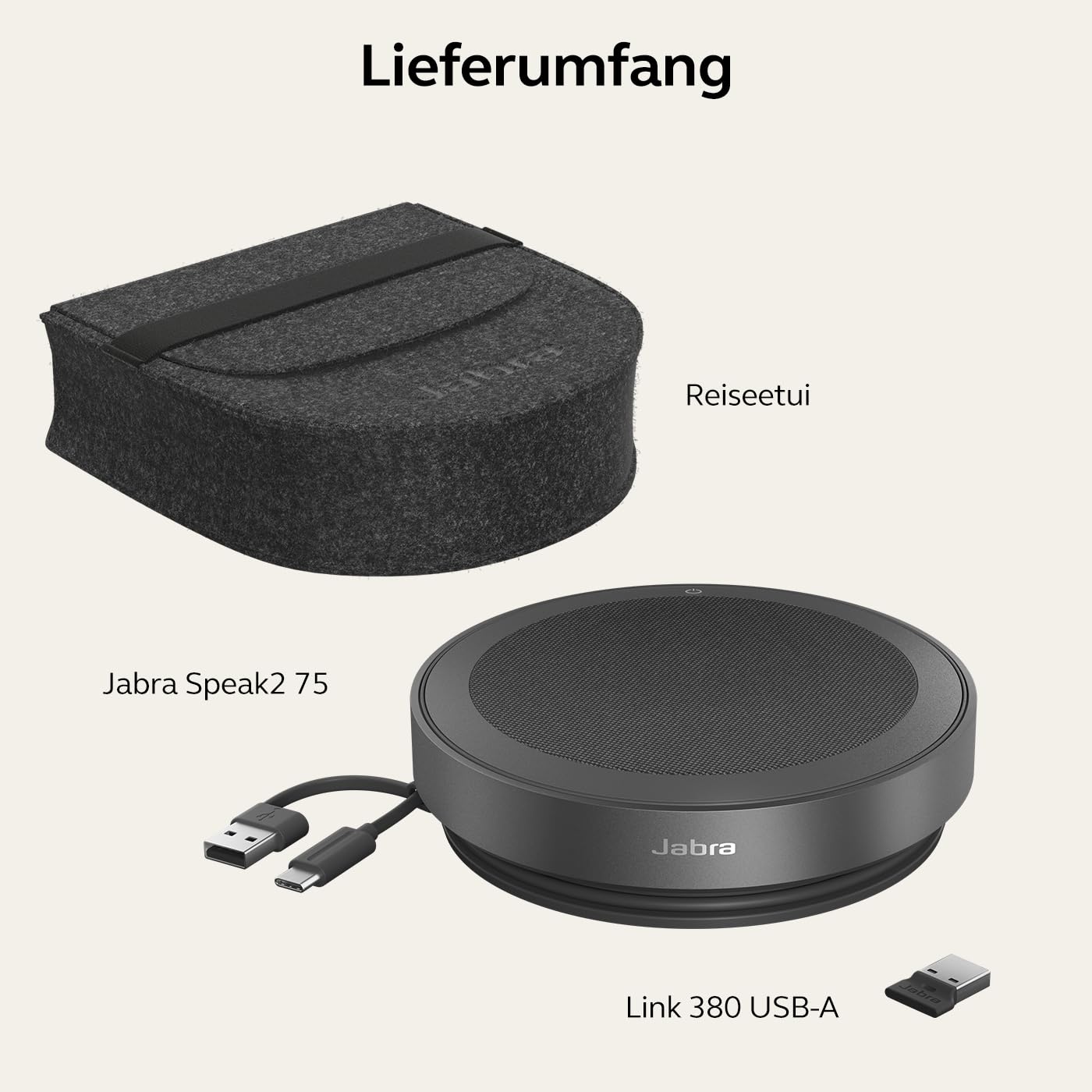 Jabra Speak2 75 wireless hands-free solution with USB-A Bluetooth adapter, 4 noise-cancelling microphones, 65 mm full-range speaker, MS Teams certified, dark gray - 2775-319
