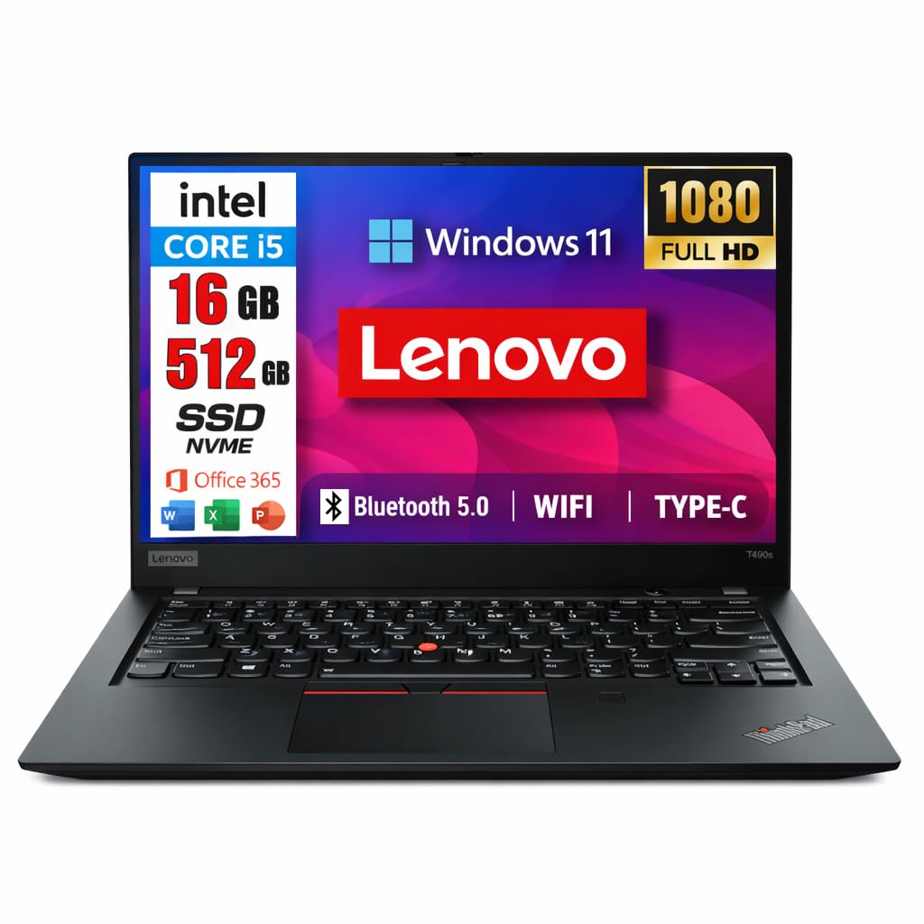 Lenovo ThinkPad T490s Laptop | 14 inches | 1920 x 1080 | Intel Core i7-8665U | 16 GB DDR4 RAM | 512 GB NVMe | DE-QWERTZ | Windows 11 Pro | 1 Year Warranty | (Refurbished)