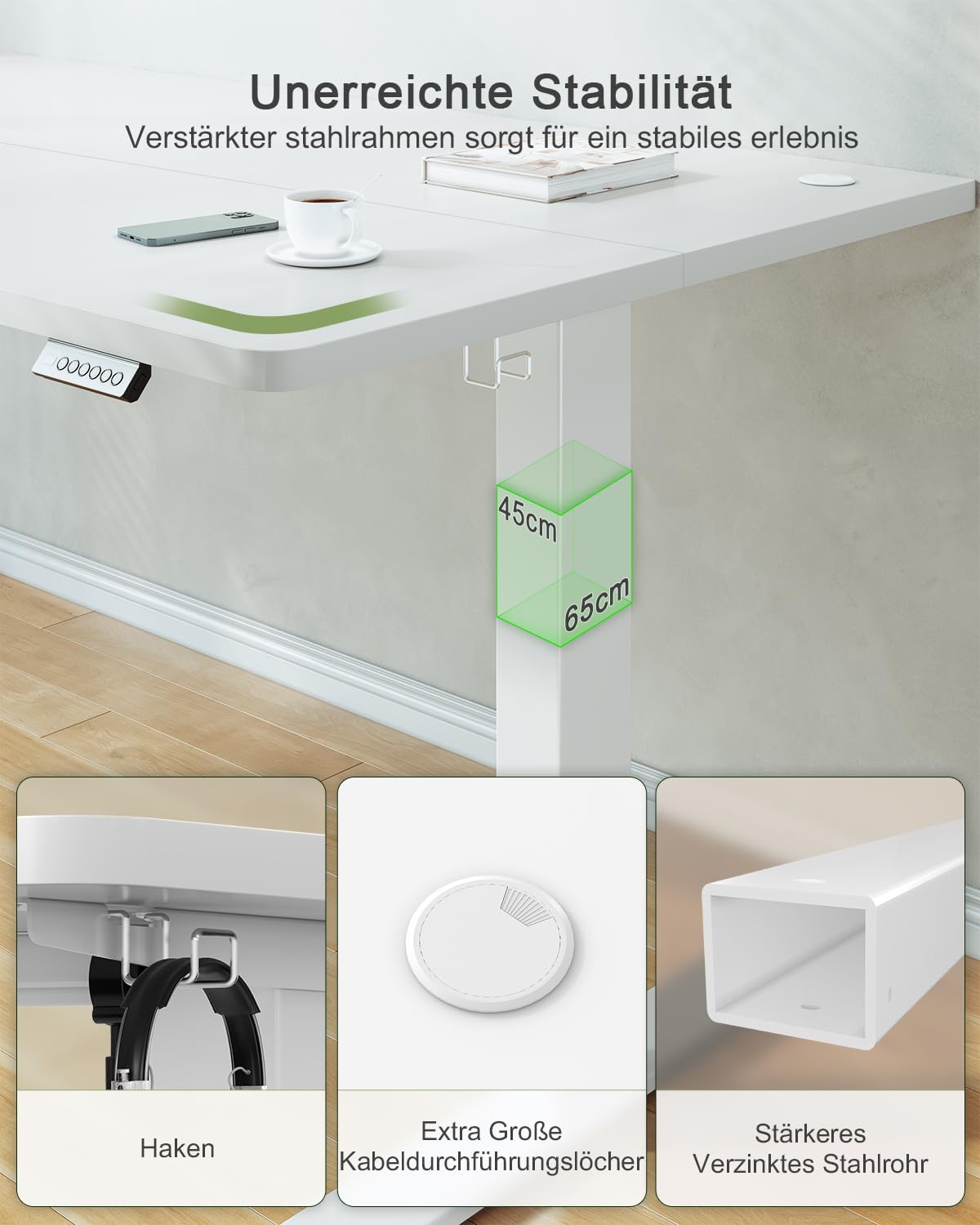 JUMMICO Birou reglabil pe înălțime cu port de încărcare USB, birou electric reglabil pe înălțime 80 x 60 cm, masă stand-sit, birou standing, masă de calculator reglabilă, birou standing, alb - 0403