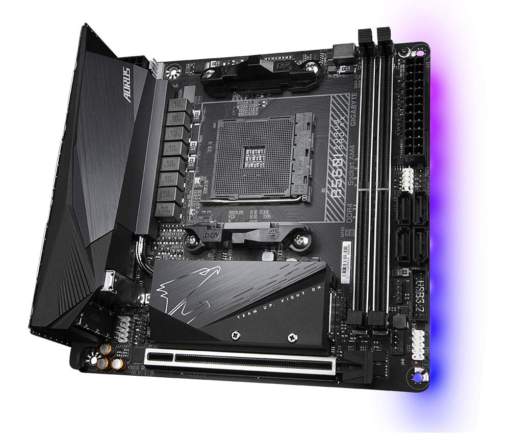 GIGABYTE B550I AORUS PRO AX Motherboard – Compatible with AMD Ryzen 5000 CPUs, 8 Phase VRM, supports up to 5300 MHz DDR4, 1x PCIe 4.0 + 1x PCIe 3.0 M.2, Wi-Fi 6E, 2.5GbE LAN, USB 3.2 Gen 2