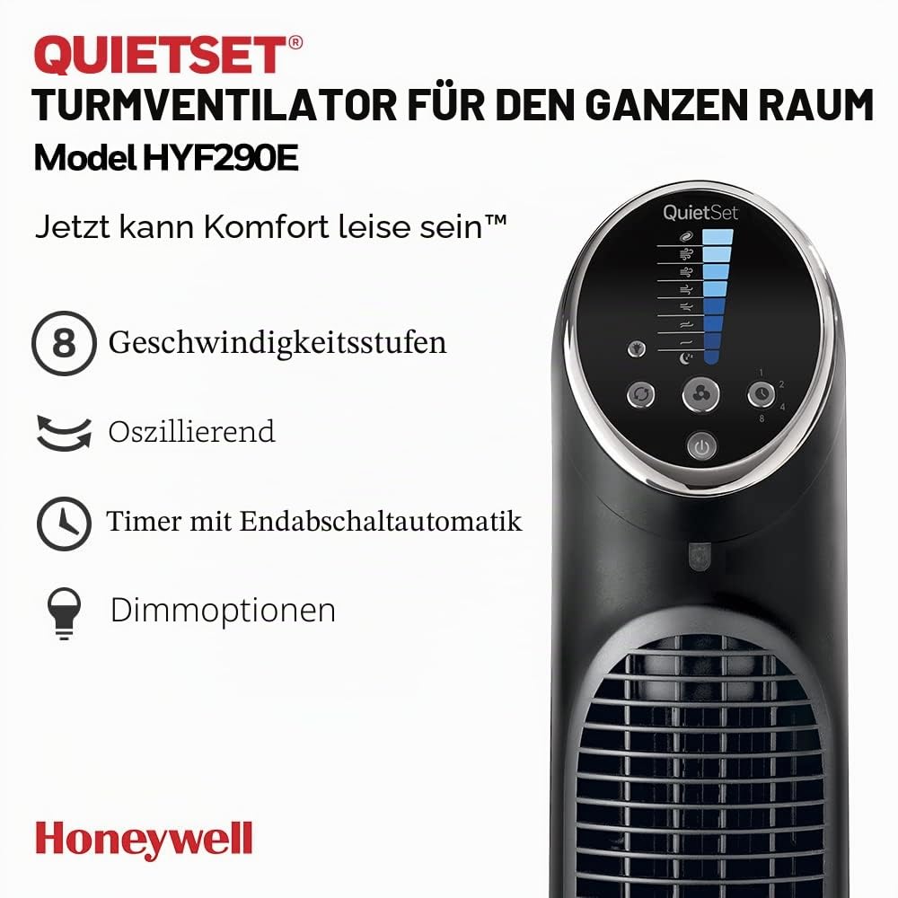 Honeywell QuietSet Tower (8 speed settings, 80° oscillation, timer function, remote control, dimming options) HYF290 - HYF290E4