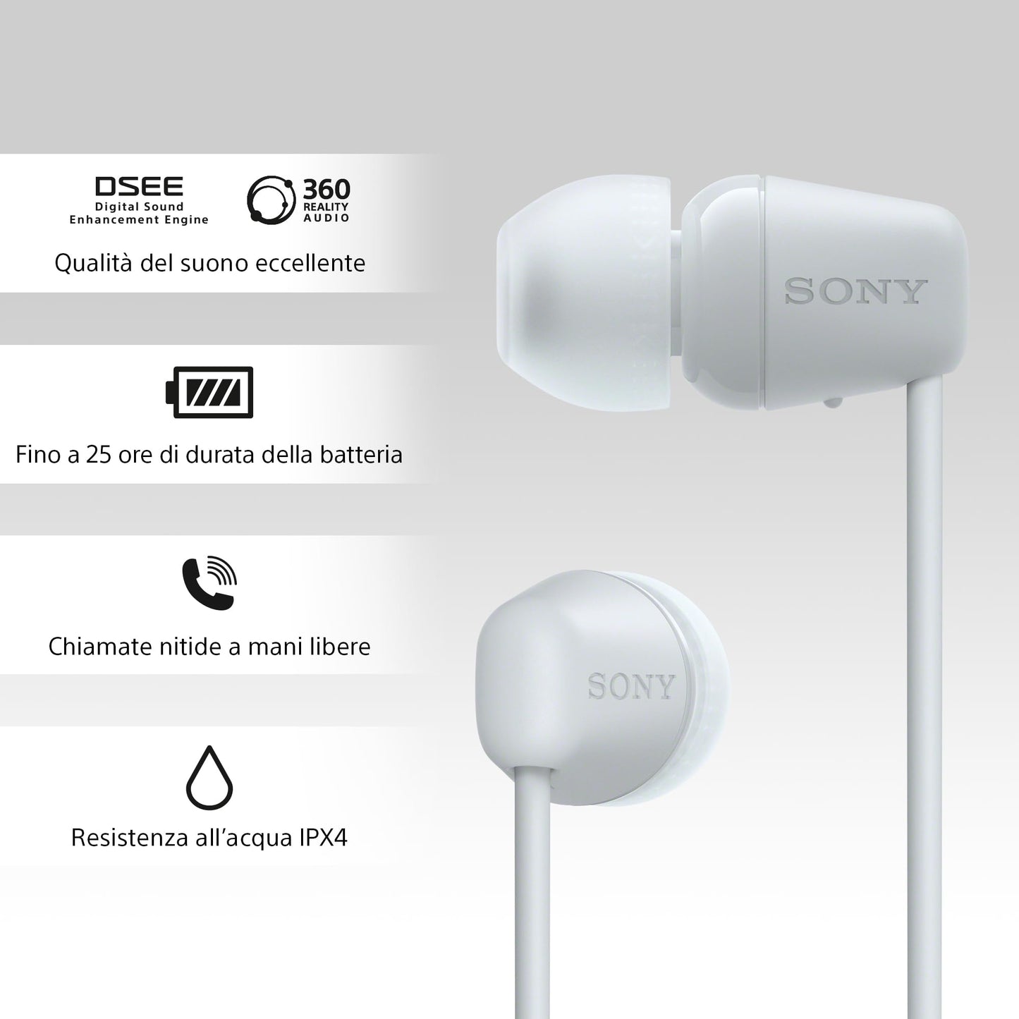 Sony wireless WI-C100 in-ear headphones (up to 25 hours of battery life, optimized for voice assistants, integrated microphone for phone calls, Bluetooth), white, small - WIC100WCE7