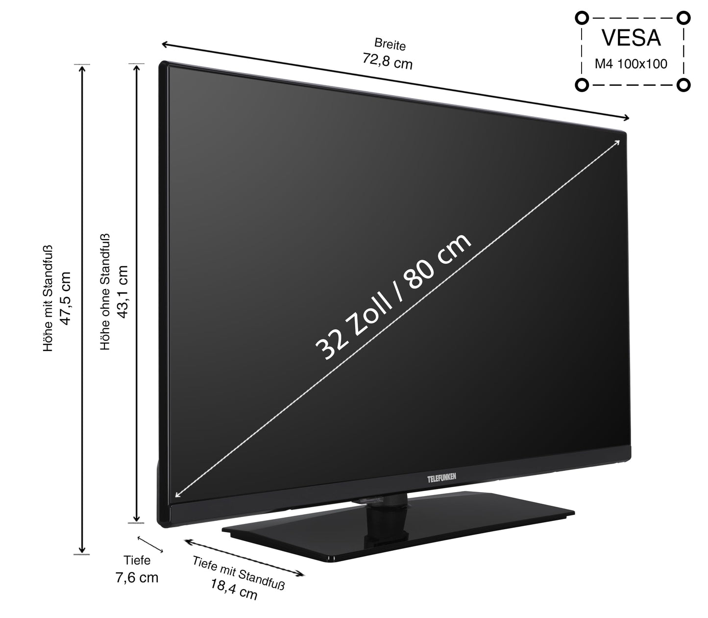 TELEFUNKEN XH32VP750M, 32 inch Smart TV, VIDAA, HD-Ready, HDR, triple tuner, LED TV, black, 2024