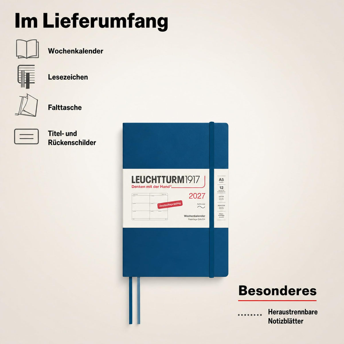 LEUCHTTURM1917 Calendar săptămânal 2027 Mediu (A5) - Germană, Indigo, Copertă moale, 145 x 210 mm, 12 luni - ianuarie-decembrie 2027, 1 săptămână pe pagină dublă, hârtie de 80 g/m² cu compatibilitate ridicată cu cerneală - 400132