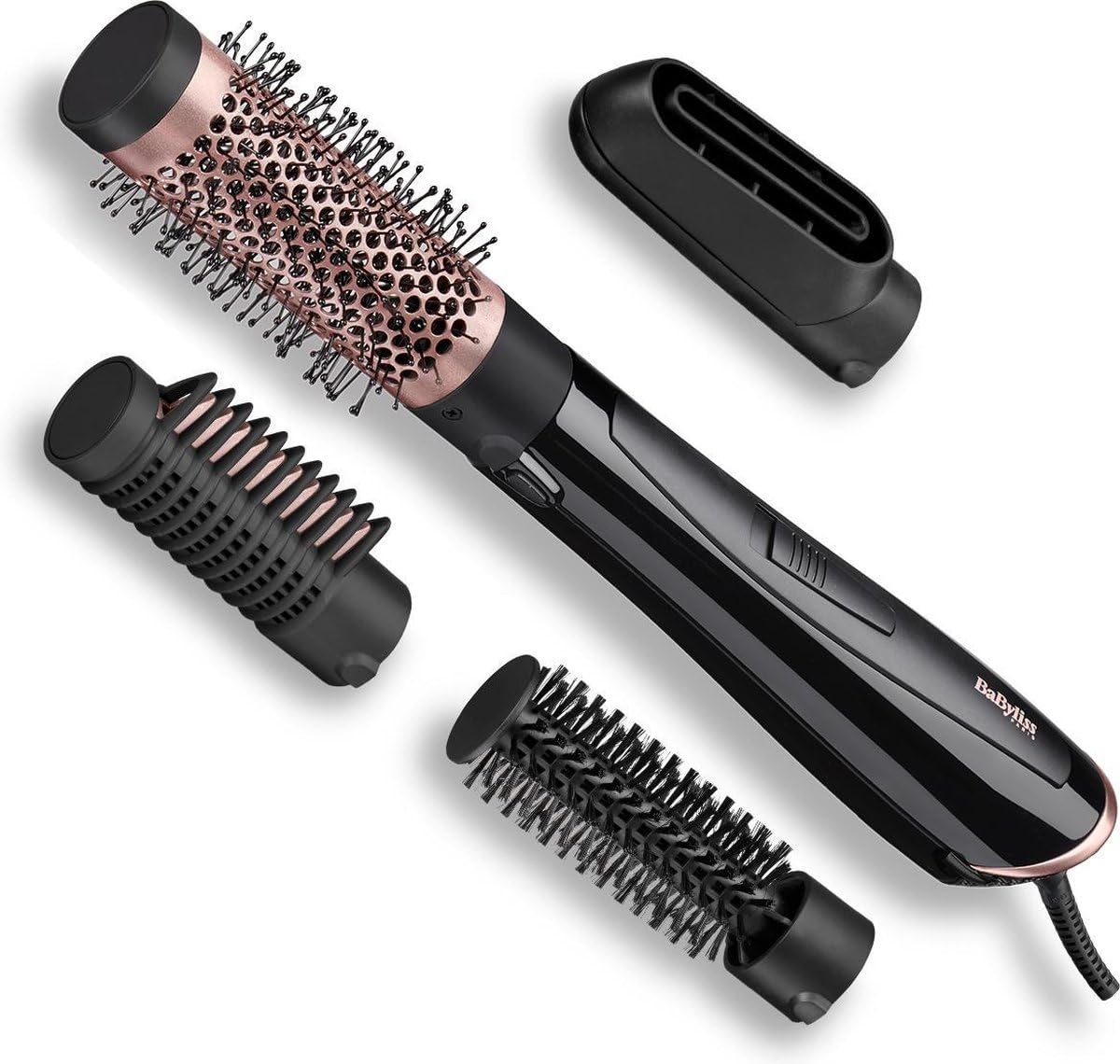 BaByliss Perfect Finish - 1000W Hot Air Brush. 3 attachments for smoothing, volume & styling, 2 temperature settings + cool setting, ion technology for anti-frizz, black, AS126E
