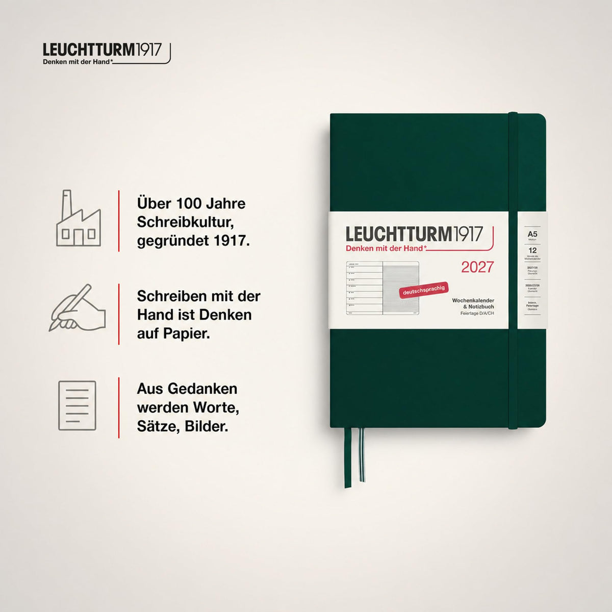 LEUCHTTURM1917 Calendar săptămânal 2027 Mediu (A5) cu caiet - Planificator de întâlniri german, verde pădure, ianuarie-decembrie 2027, Prezentare generală săptămânală în stânga + Pagina de note în dreapta - 400054