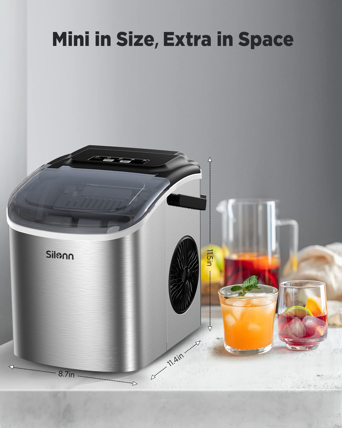 Silonn ice cube machine, small ice cube machine with carrying handle, 9 ice cubes in just 6 minutes, 12 kg of ice in 24 hours. Self-cleaning, compact with 2 ice sizes, ideal for kitchen, office and parties, silver - SLIM09T