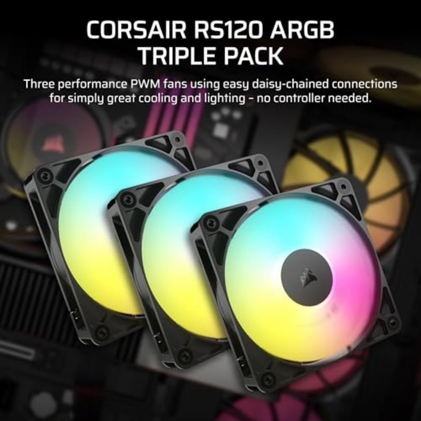CORSAIR RS120 ARGB 120mm PWM Fan - Daisy Chain Connection - Low Noise - Magnetic Dome Bearing - Three Pack - Black - CO-9050181-WW