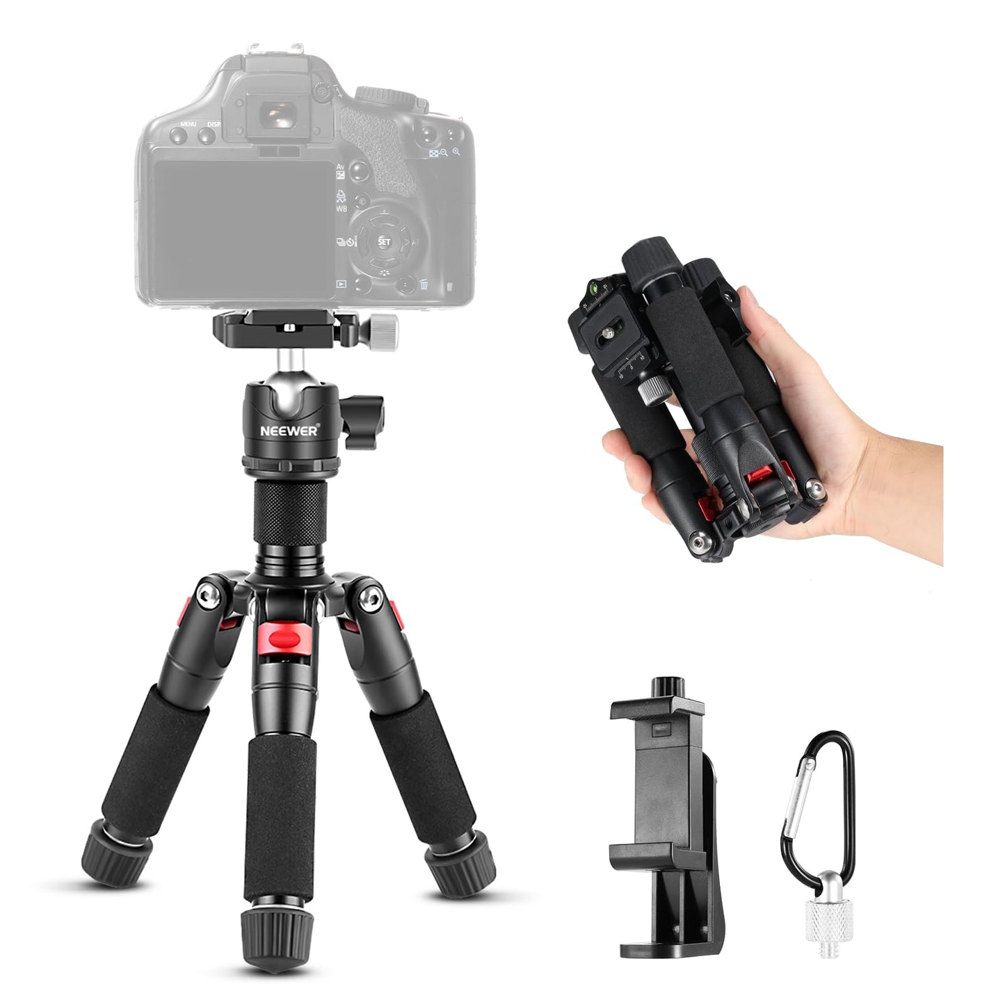 NEEWER Mini table tripod with smartphone holder compatible with iPhone & DSLR cameras for video recordings, 50cm compact travel webcam tripod with 360° ball head & 1/4" quick release plate, TP-AAM521