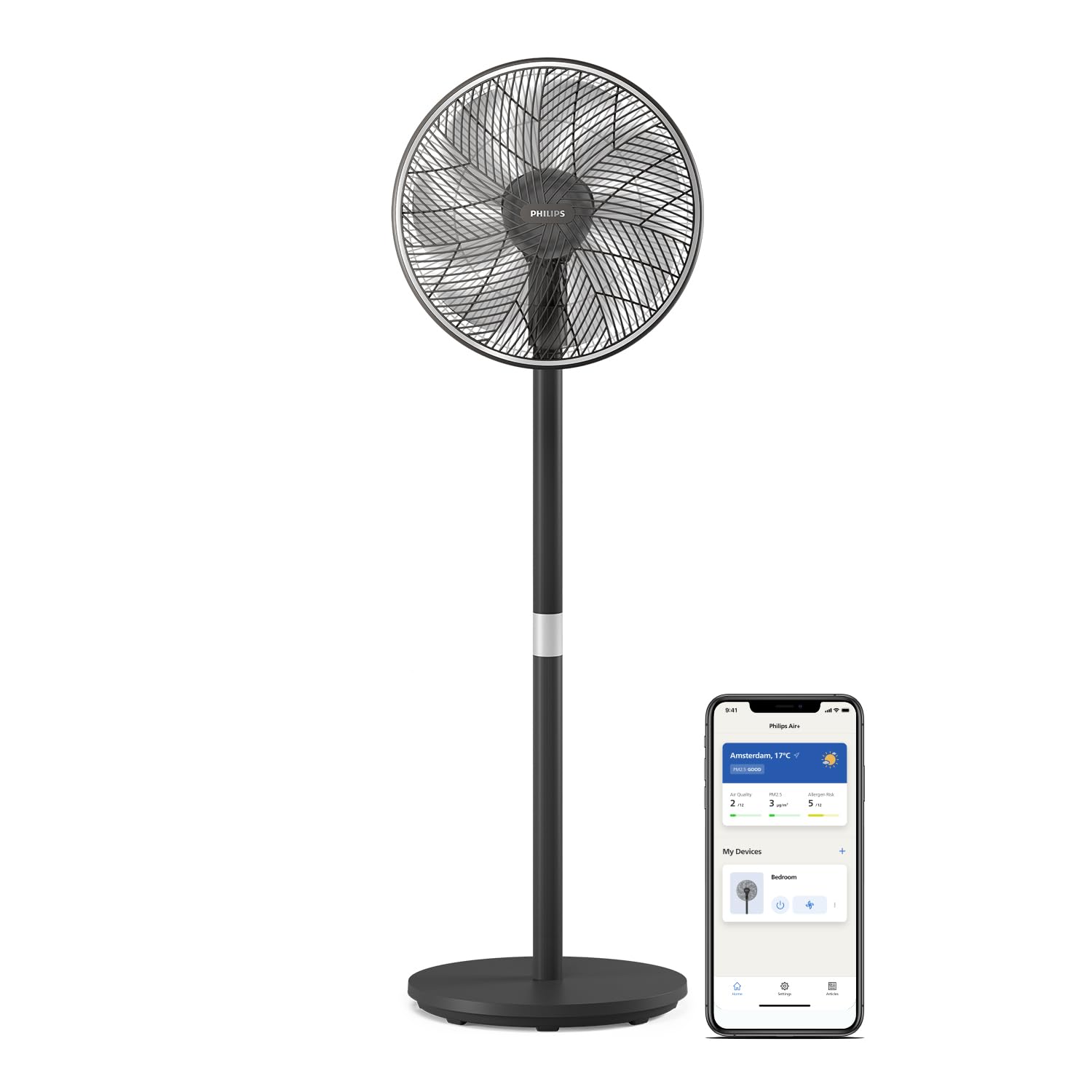 Philips Smart pedestal fan series 3000. Strong & extremely quiet SilentWings technology. 19dB. 2-in-1 table & pedestal fan. Tiltable & rotatable. App control. 12 hour timer. Black (CX3550/01)
