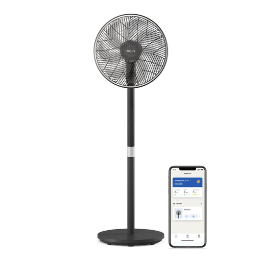 Philips Smart pedestal fan series 3000. Strong & extremely quiet SilentWings technology. 19dB. 2-in-1 table & pedestal fan. Tiltable & rotatable. App control. 12 hour timer. Black (CX3550/01)
