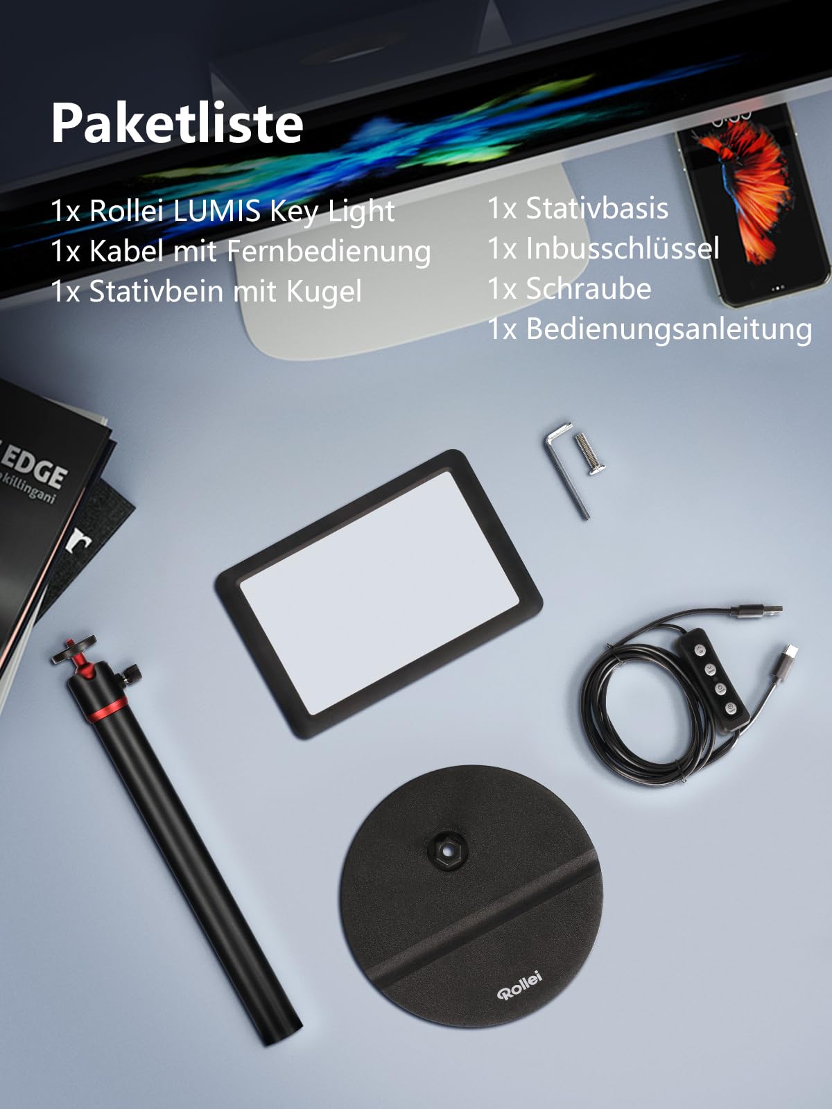 Rollei Lumis Key-Light, LED video light incl. table tripod with remote control on the cable for illuminating video streams and conferences 28555 black