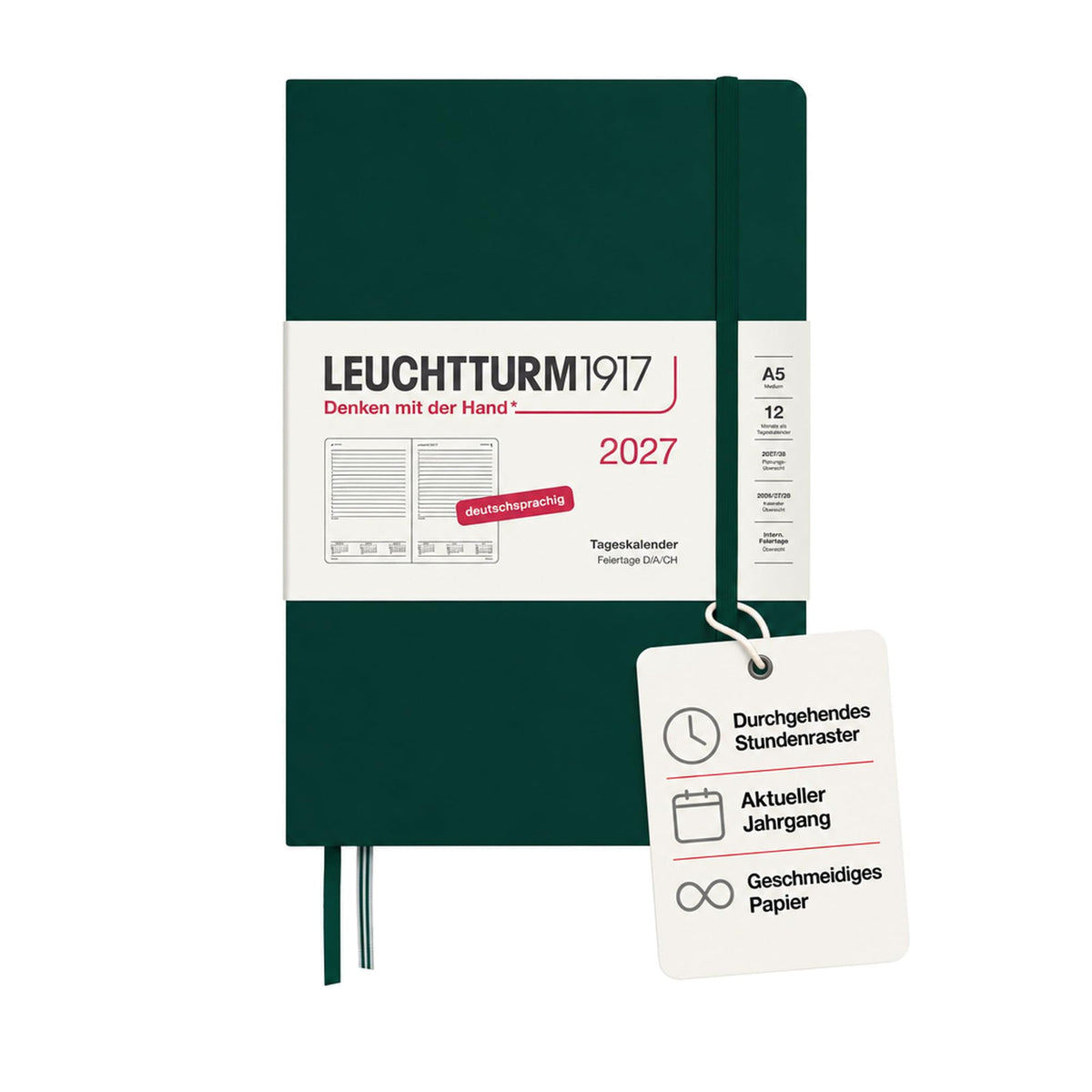 LEUCHTTURM1917 Daily Calendar 2027 Medium (A5) - German, Forest Green, 145 x 210 mm, January-December (12 months), 1 page per day, hourly grid 7:00 a.m. - 10:00 p.m., hardcover, 80 g/m² paper - 400162