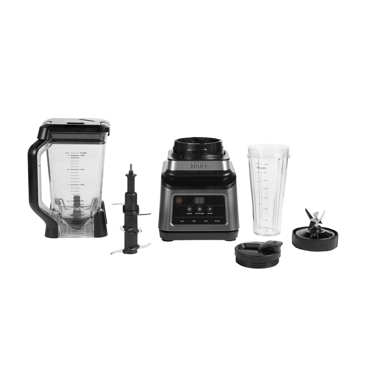 Ninja 2-in-1 Mixer cu 3 programe; Mixare, Max Mixare și Tocare & 4 setări manuale, recipient de 2,1L & pahar de 700ml, 1200W, lavabil în mașina de spălat vase, Auto-iQ, Negru BN750EU