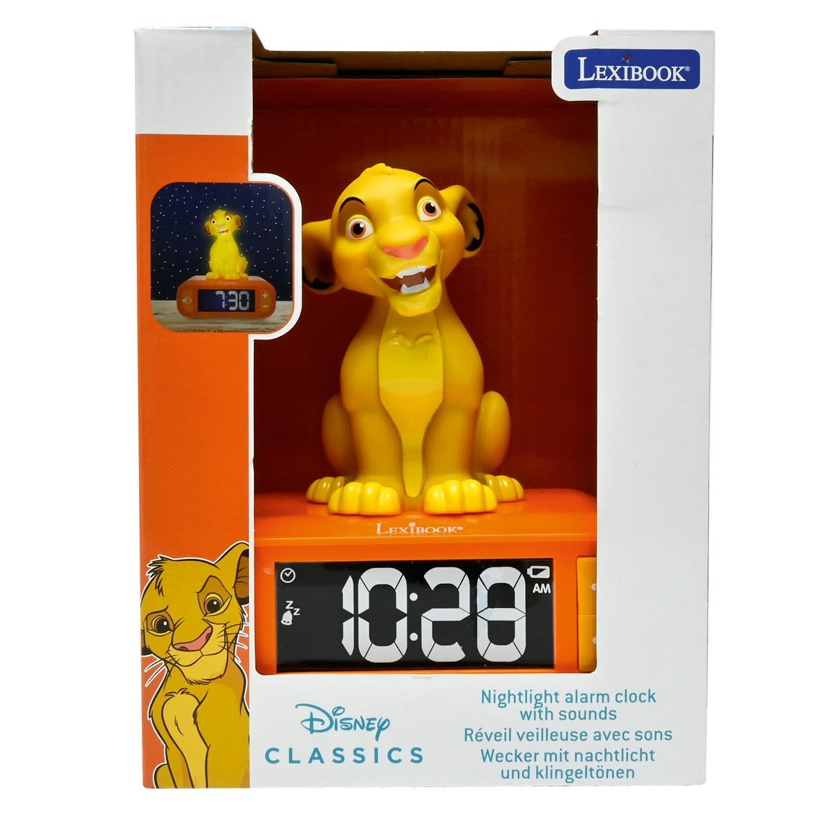 Lexibook, Disney The Lion King, Simba Night Light Alarm Clock, Sounds and Melodies, LCD Screen with Backlight, Illumination, Snooze Function, Yellow/Orange, RL800ANLXB