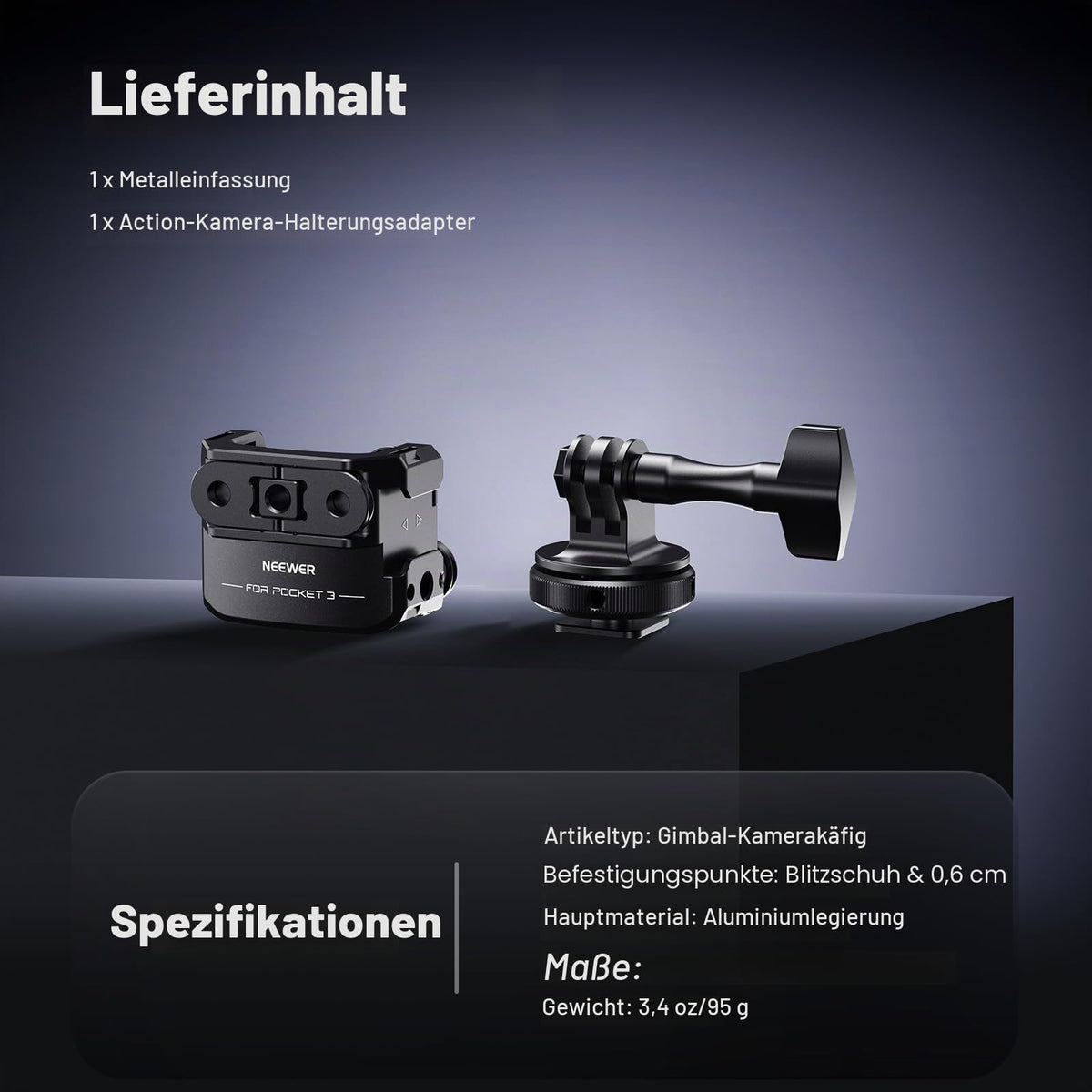 NEEWER Pocket 3 Cadru & Adaptor pentru cameră de acțiune compatibil cu DJI Osmo Pocket 3 & Action 2 Magnetic Mount, rig din aliaj de aluminiu cu gimbal și filet de 1/4" Cold Shoe pentru extinderea accesoriilor, AC009 PRO