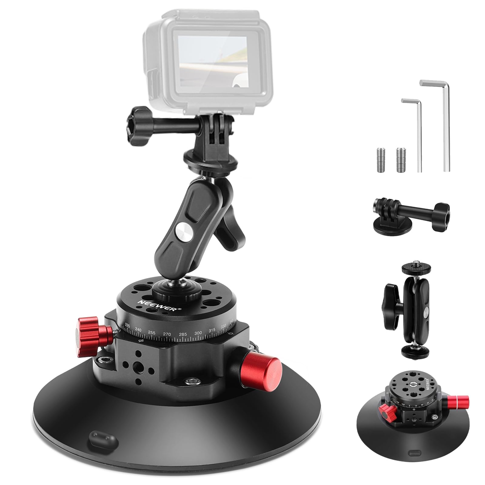 NEEWER 6" Camera Suction Cup Mount with Ball Head Magic Arm, 2 Pack Metal Car Mount for Camera, Air Pump Vacuum on Car Window Glass with 1/4" 3/8" ARRI Mounting Holes, CA013 - 2x