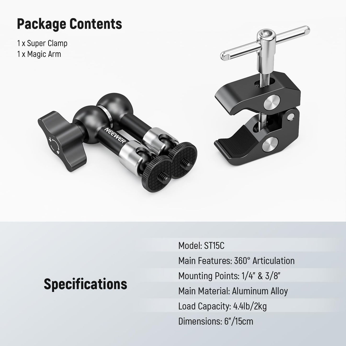 NEEWER 6"/15cm Magic Arm adjustable with Super Clamp, 1/4" and 3/8" thread, 1/4" screws for flash/LED light/microphone/monitor compatible with SmallRig camera cage, maximum load: 2kg, ST15C