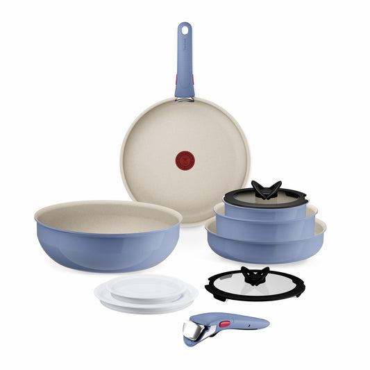 Set de vase de gătit Tefal Ingenio Serenity, 11 piese – set stivuitor și economisitor de spațiu din aluminiu, cu înveliș antiaderent Mineralia, mâner detașabil, potrivit pentru toate tipurile de plite, inclusiv inducție, Blue Salt. - L829SB04