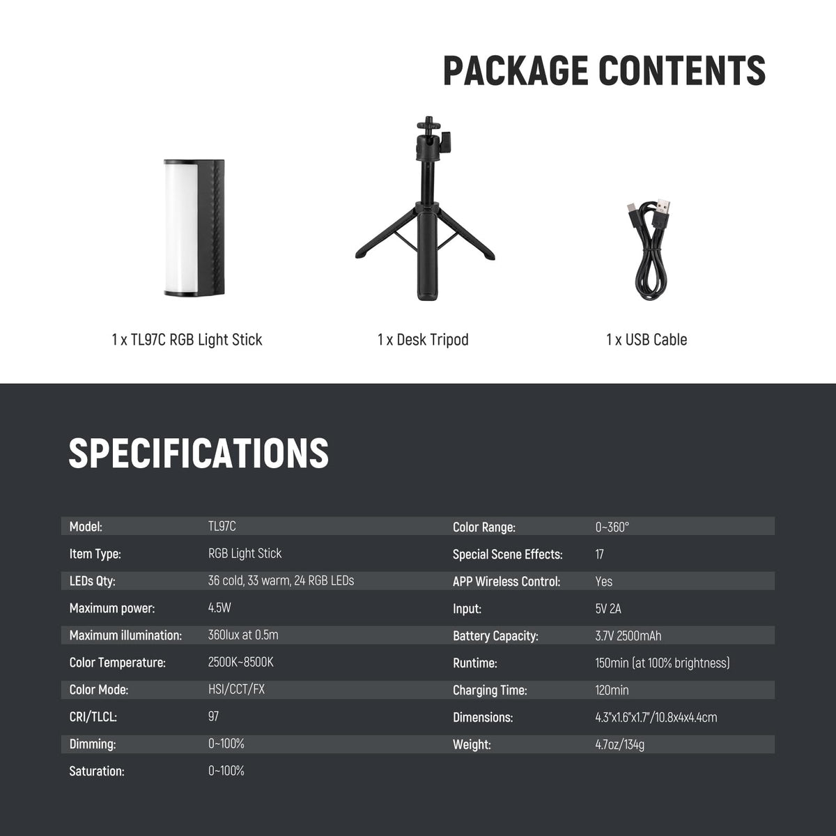 NEEWER Magnetic Hand Light Stick with Table Tripod, 17 Scenes, APP Control 360° Full RGB Mini LED Video Hand Light Stick, 2500K-8500K Dimmable CRI97 for Photography Vlog TikTok, 2550mAh Battery, TL97C