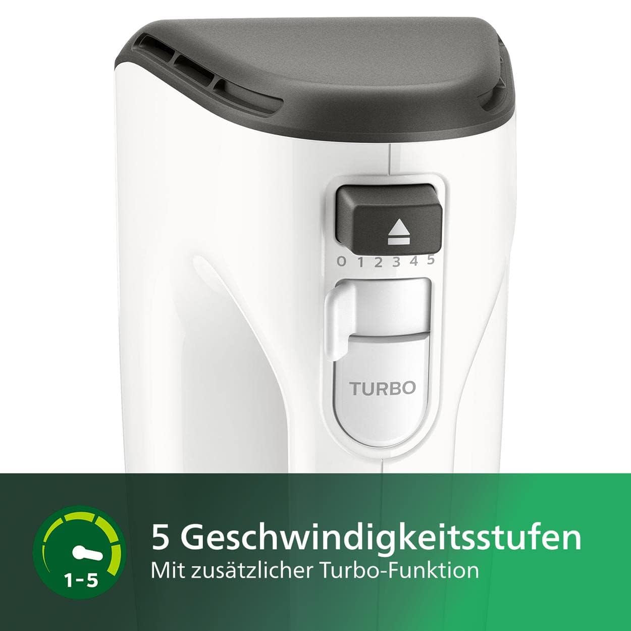 Philips Domestic Appliances HR3741/00 hand mixer, 450 W, 5 speeds plus turbo, 21.41 x 20.8 x 11.4 cm, white/black