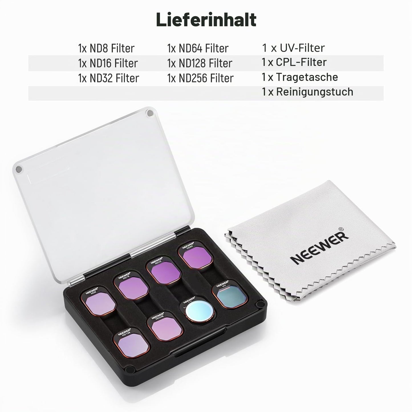 NEEWER ND and CPL filter set compatible with DJI Mini 4 Pro, 8 pieces, UV, CPL, ND8, ND16, ND32, ND64, ND128, ND256, polarization filter, neutral density drone lens accessories, multi-coated - 10103131