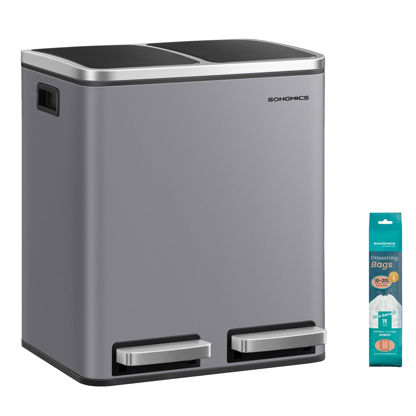 SONGMICS kitchen trash can, 2 x 15 liters, trash separation system 2 compartments, including 15 trash bags, trash can, pedal bin, recyclable waste, organic waste, soft close lid, matt gray LTB030G01