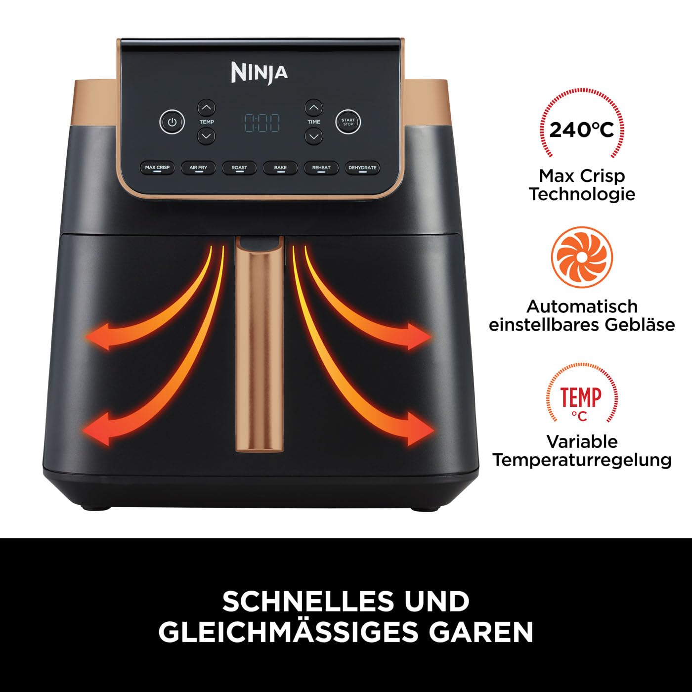 Ninja Air Fryer MAX PRO, 6.2L, Oil Free, Large Drawer, Roasting, Baking, Air Fry, Non-Stick, Dishwasher Safe Basket & Crisper Grid Insert, Silicone Tongs, Black/Copper, AF180EUCP
