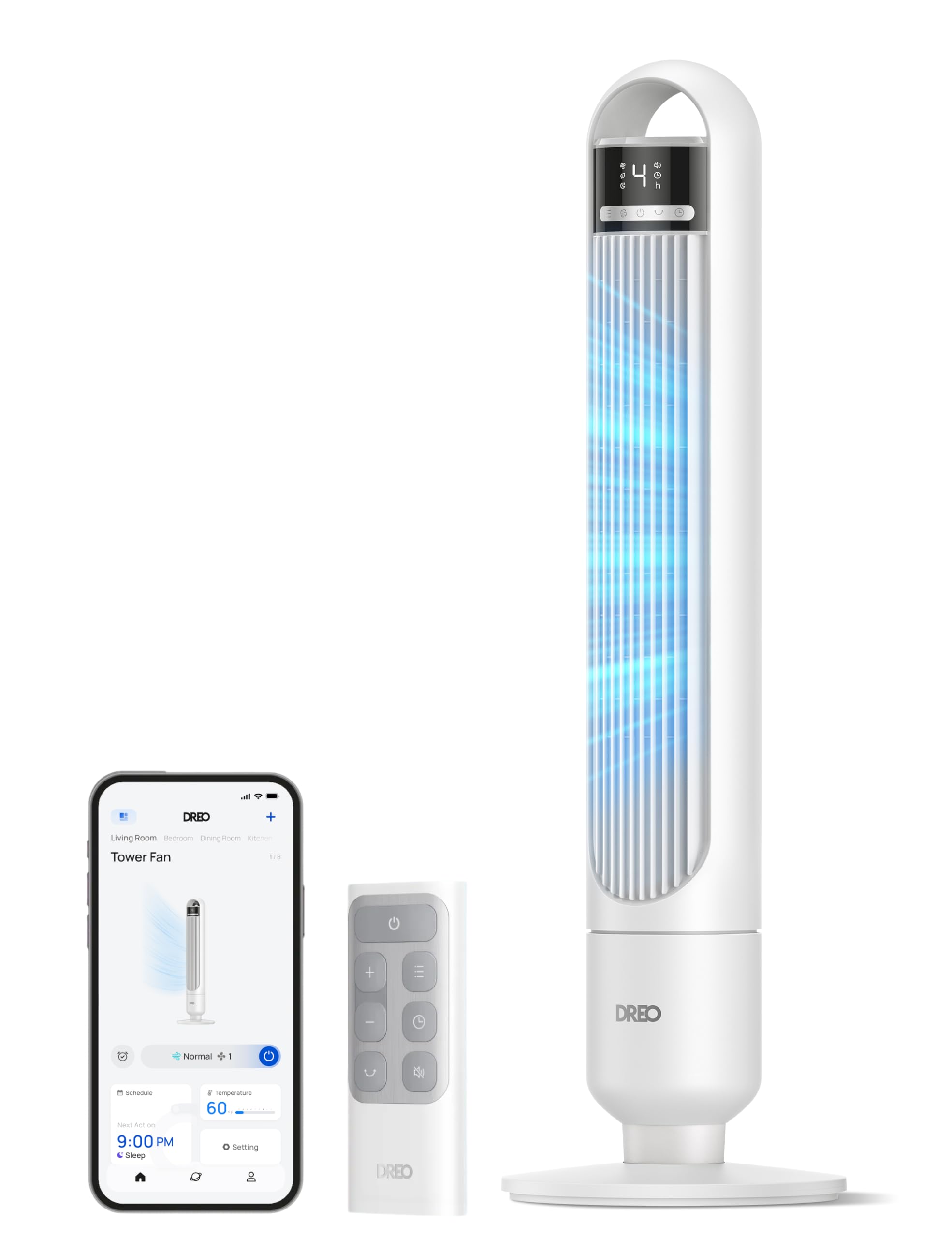 DREO Smart tower fan for the bedroom, quiet pedestal fan with 28 dB, air range up to 8.8 m, 4 levels & 3 modes, 8 hour timer, app, Alexa & Google, 90° oscillation, for home/office - DR-HTF017S