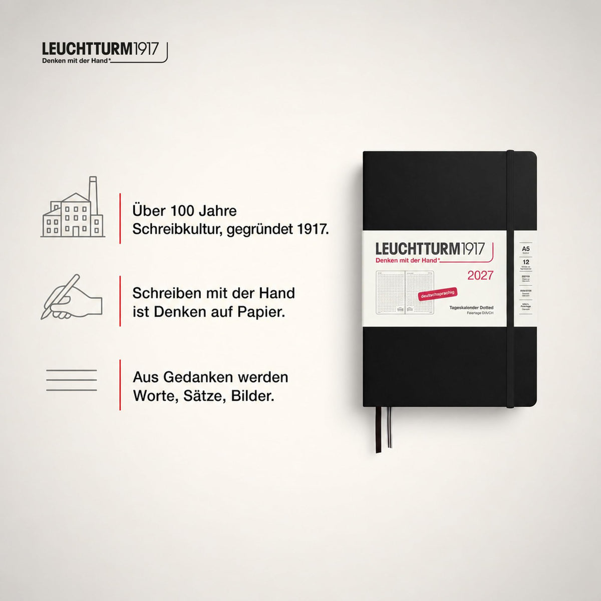 LEUCHTTURM1917 Daily Calendar 2027 Dotted Medium (A5) - German, black, 145 x 210 mm, January-December (12 months), 1 page per day, hourly grid 7:00-22:00, hardcover, 80 g/m² paper - 400166
