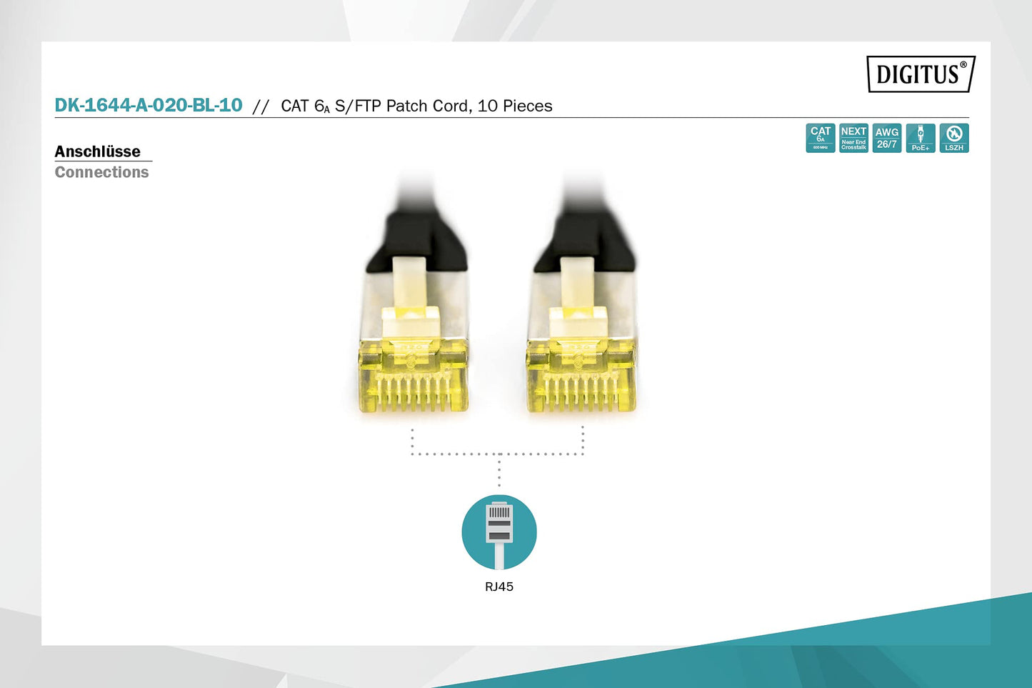 DIGITUS LAN cable Cat 6A – 2 m – 10 pieces – S/FTP shielded – black - DK-1644-A-020-BL-10