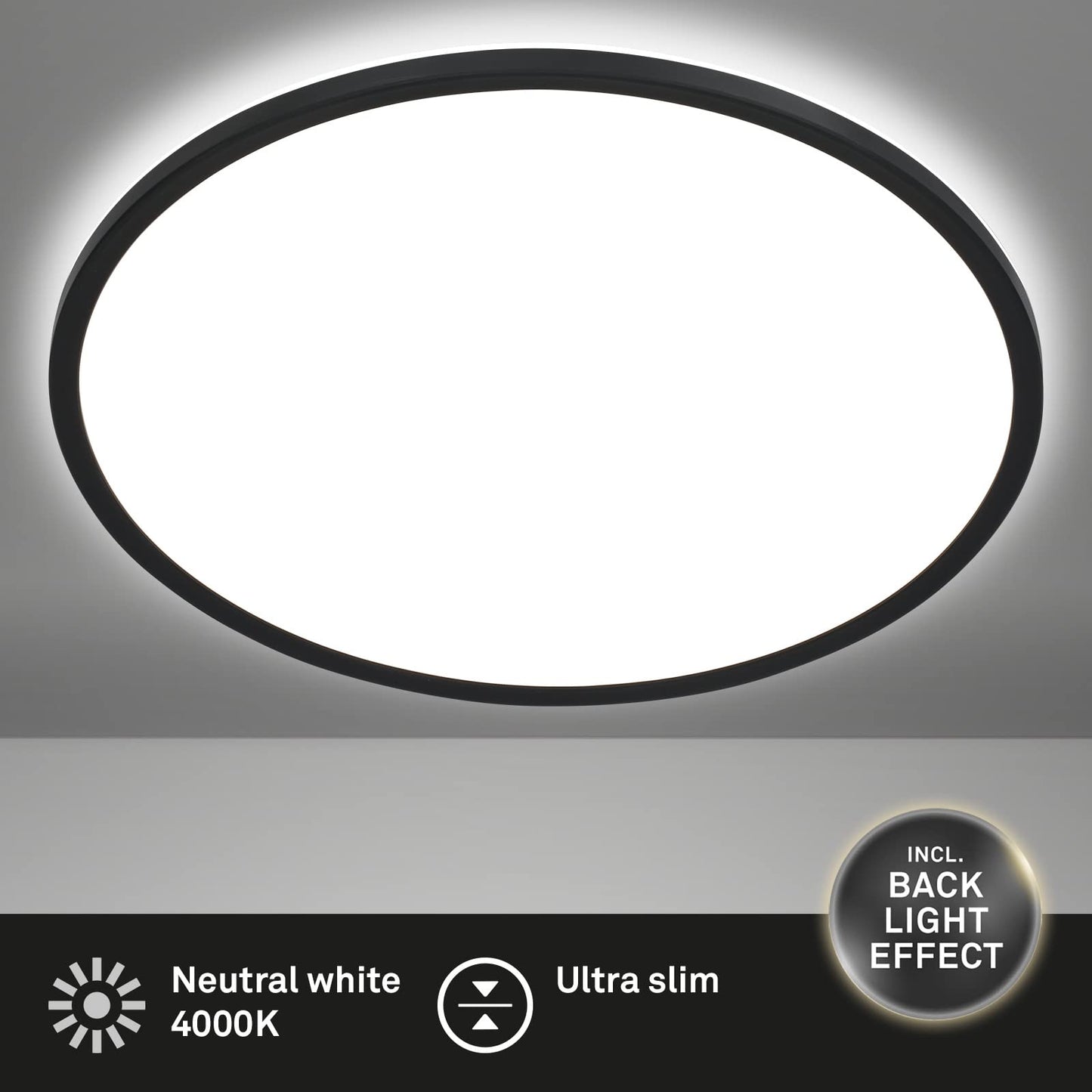BRILONER - LED ceiling lamp with indirect light, flat, neutral white light color, lamp, ceiling light, living room lamp, LED panel, kitchen lamp, ceiling lighting, 48x3 cm, black - 3428-015