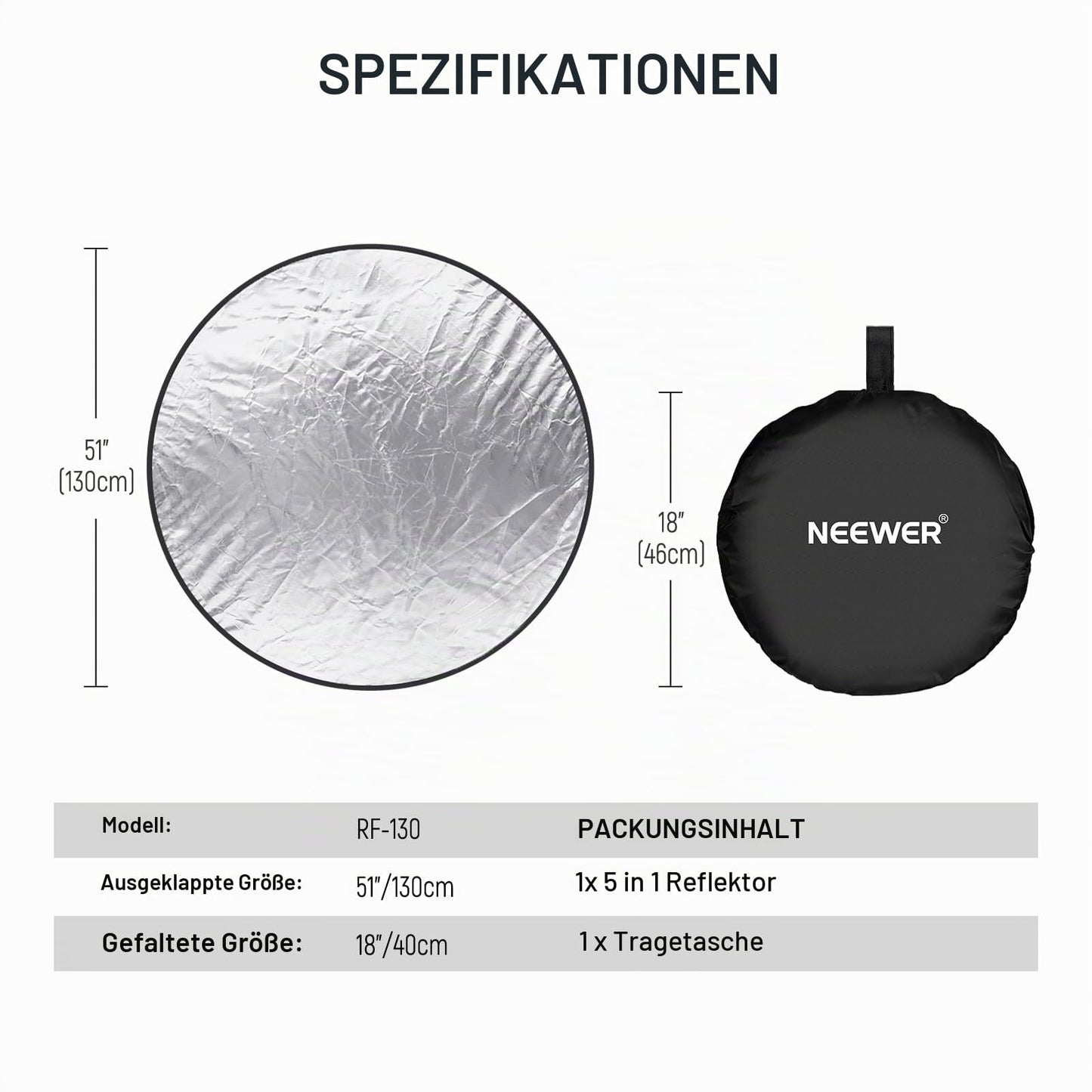 NEEWER 51"/130cm Reflector, Foldable 5 in 1 Light Reflector Diffuser - RF-130