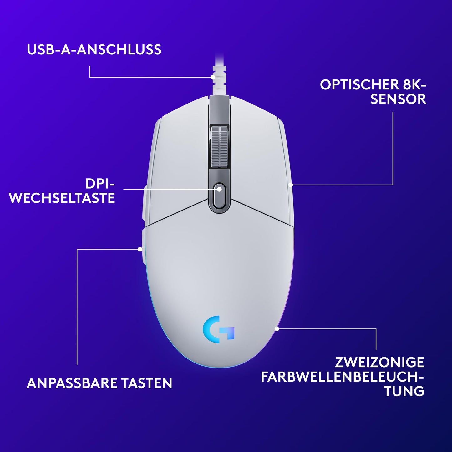 Logitech G Gaming Mouse, White, G203 - 910-005797