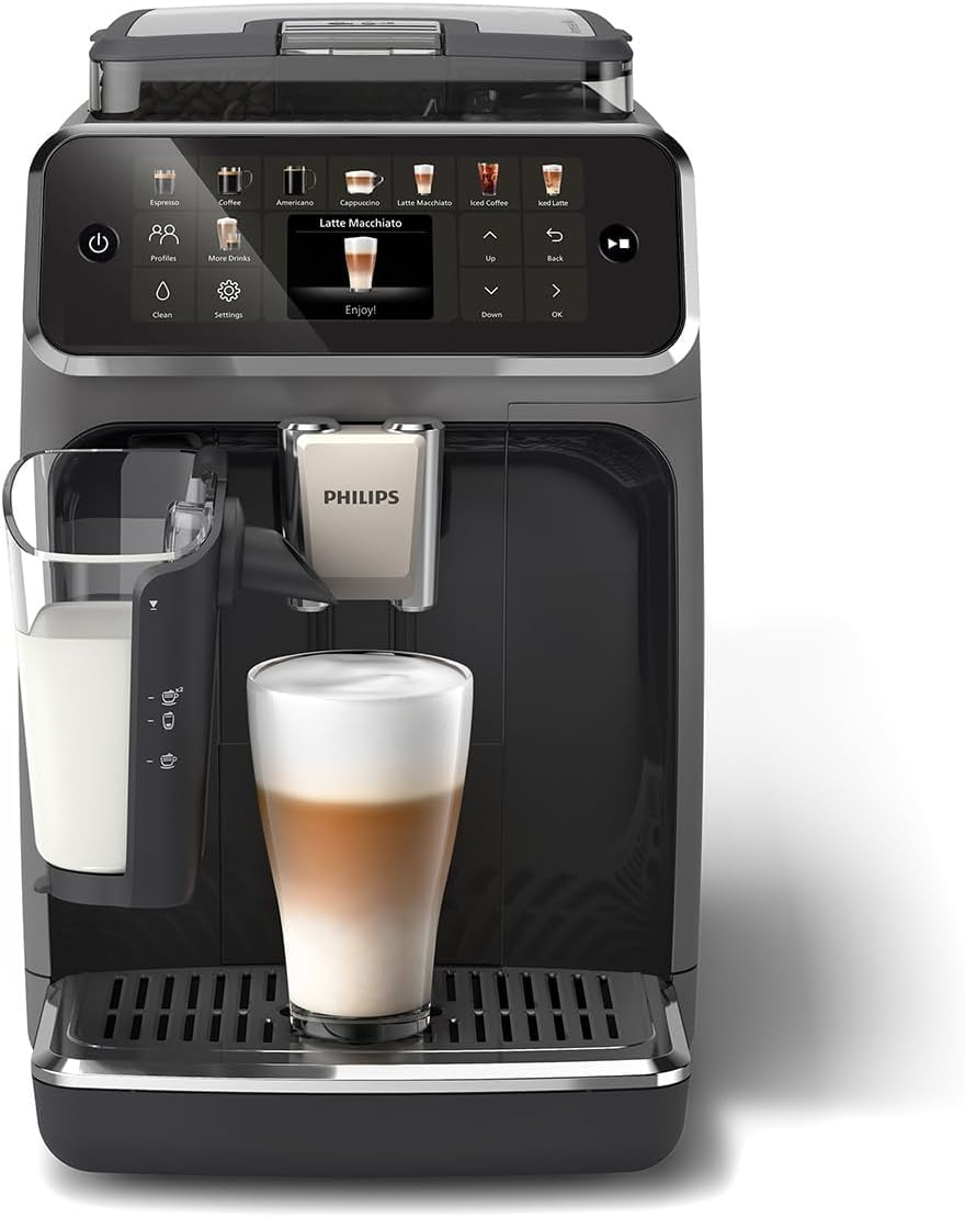 PHILIPS Series 5500 fully automatic coffee machine - LatteGo milk system, 20 hot and cold coffee specialties, 40% quieter with SilentBrew, QuickStart, black/gray (EP5544/50)