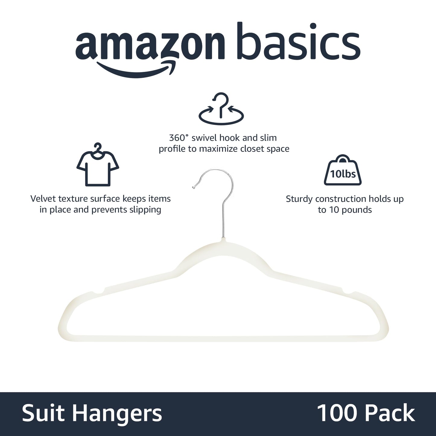 Amazon Basics Slim Non-Slip Shirt/Suit/Costume Hangers, 100 Pack, Ivory - AQ-M0005