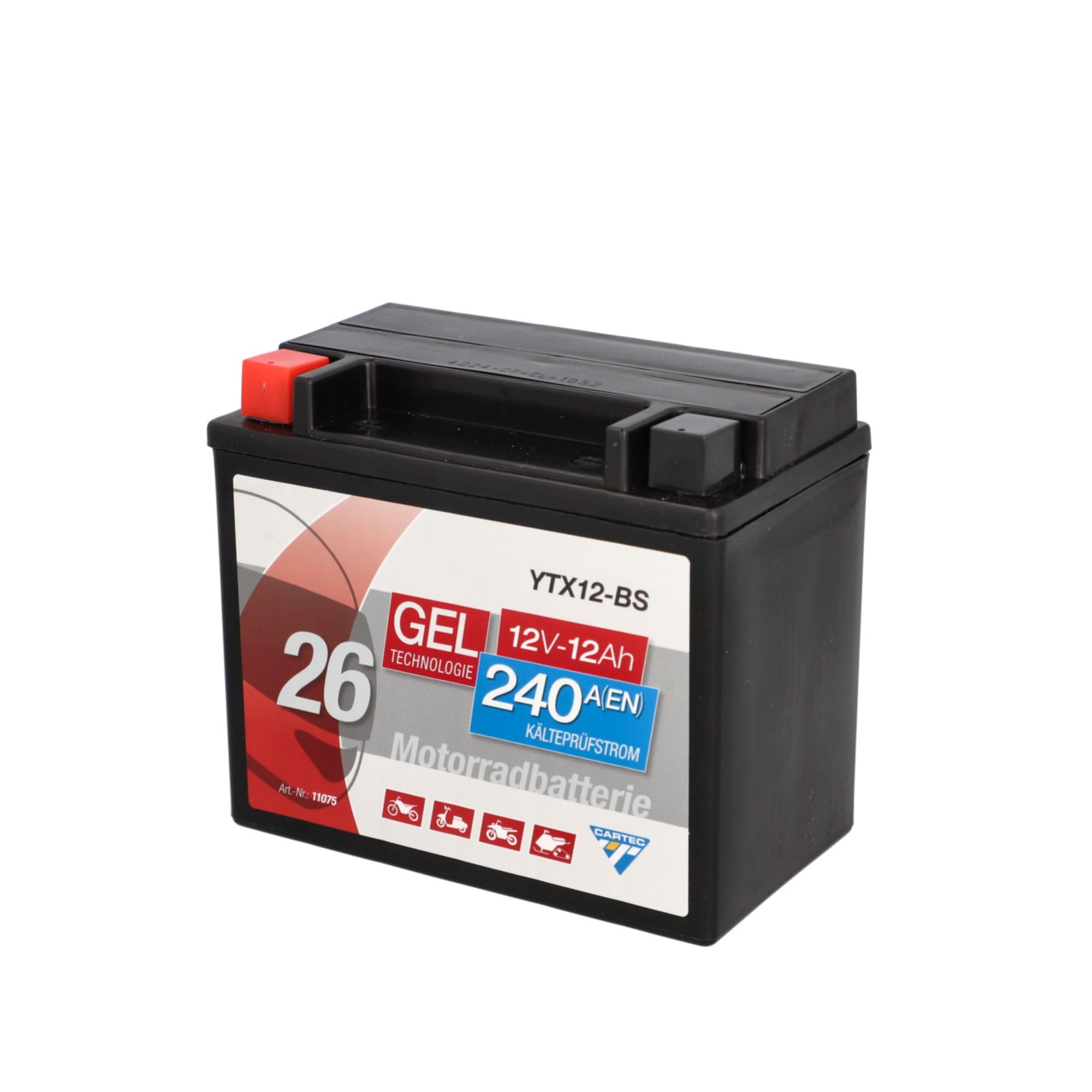 CARTEC motorcycle battery YTX12-BS 12Ah, 240A, gel technology motorcycle starter battery, original equipment manufacturer quality, cycle-proof, storable, maintenance-free, black - 11075