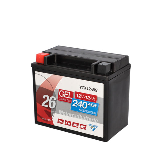 CARTEC motorcycle battery YTX12-BS 12Ah, 240A, gel technology motorcycle starter battery, original equipment manufacturer quality, cycle-proof, storable, maintenance-free, black - 11075