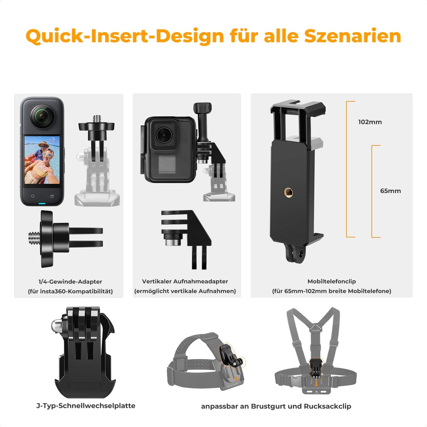K&F CONCEPT Action Camera Accessories Kit Chest Strap Backpack DJI Osmo 360/Insta360 X5/X4/X3 Shoulder Strap Holder 360° Rotating Head Strap and Hand Strap for GoPro Hero 13/12/11/10/9/8/Osmo Action Series - SKU.2289
