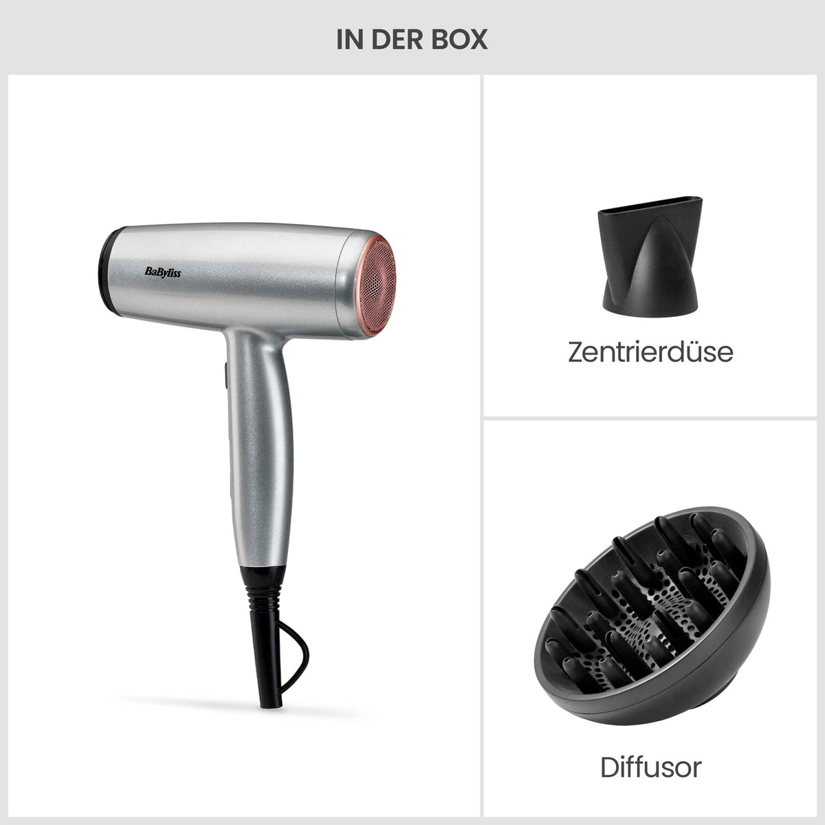 BaByliss Cosmos Uscător de păr ușor cu difuzor – 2100W Uscător puternic și elegant, tehnologie cu ioni împotriva frizz-ului, 3 niveluri de căldură și 2 viteze ale ventilatorului, argintiu, D580DE