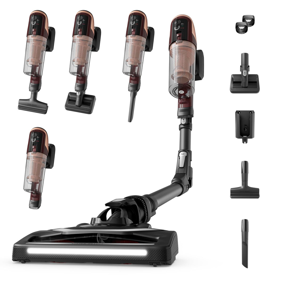 Rowenta X-Pert 6.80 Flex cordless vacuum cleaner, powerful 100 AW, long runtime up to 60 minutes, LED nozzle, handheld vacuum only 1.4 kg, includes pet hair accessories, wine red/black, RH6495E0