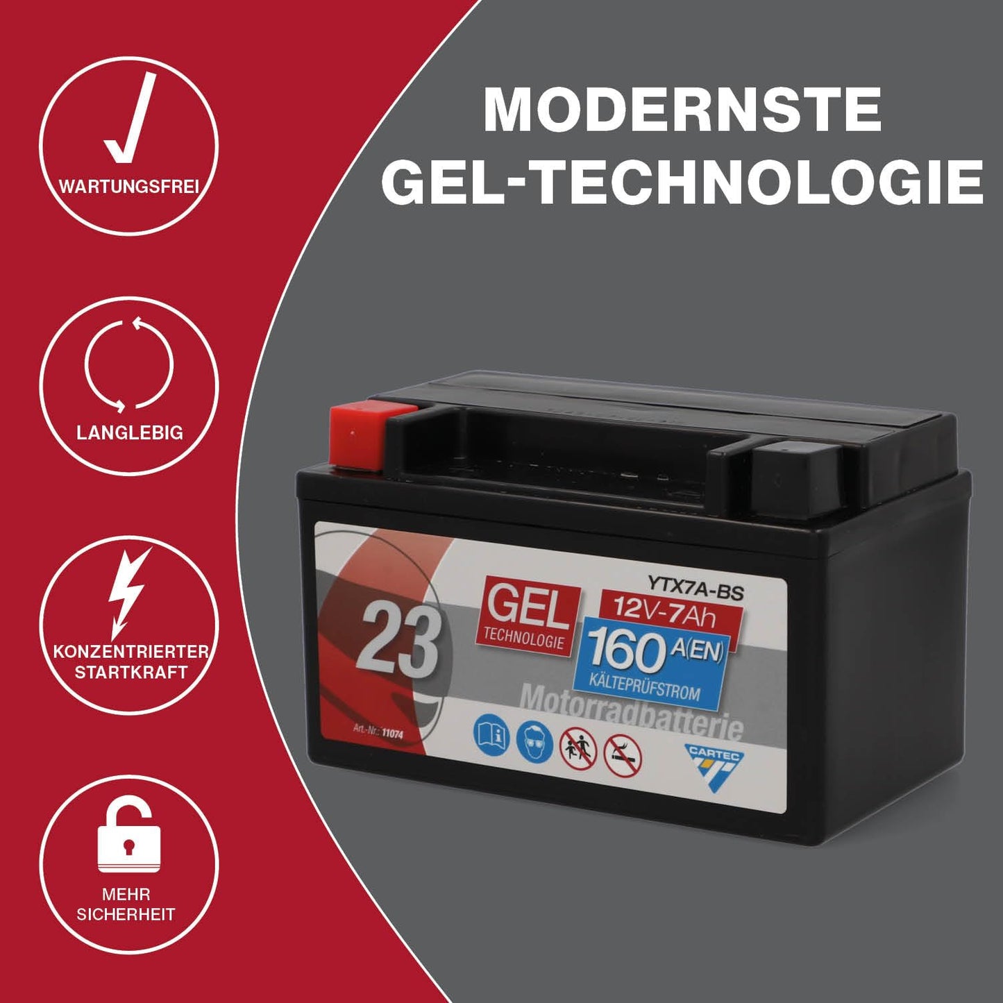 CARTEC motorcycle battery YTX7A-BS, 7Ah, 160A, gel technology motorcycle starter battery, original equipment manufacturer quality, cycle-proof, storable, maintenance-free, black - 11074