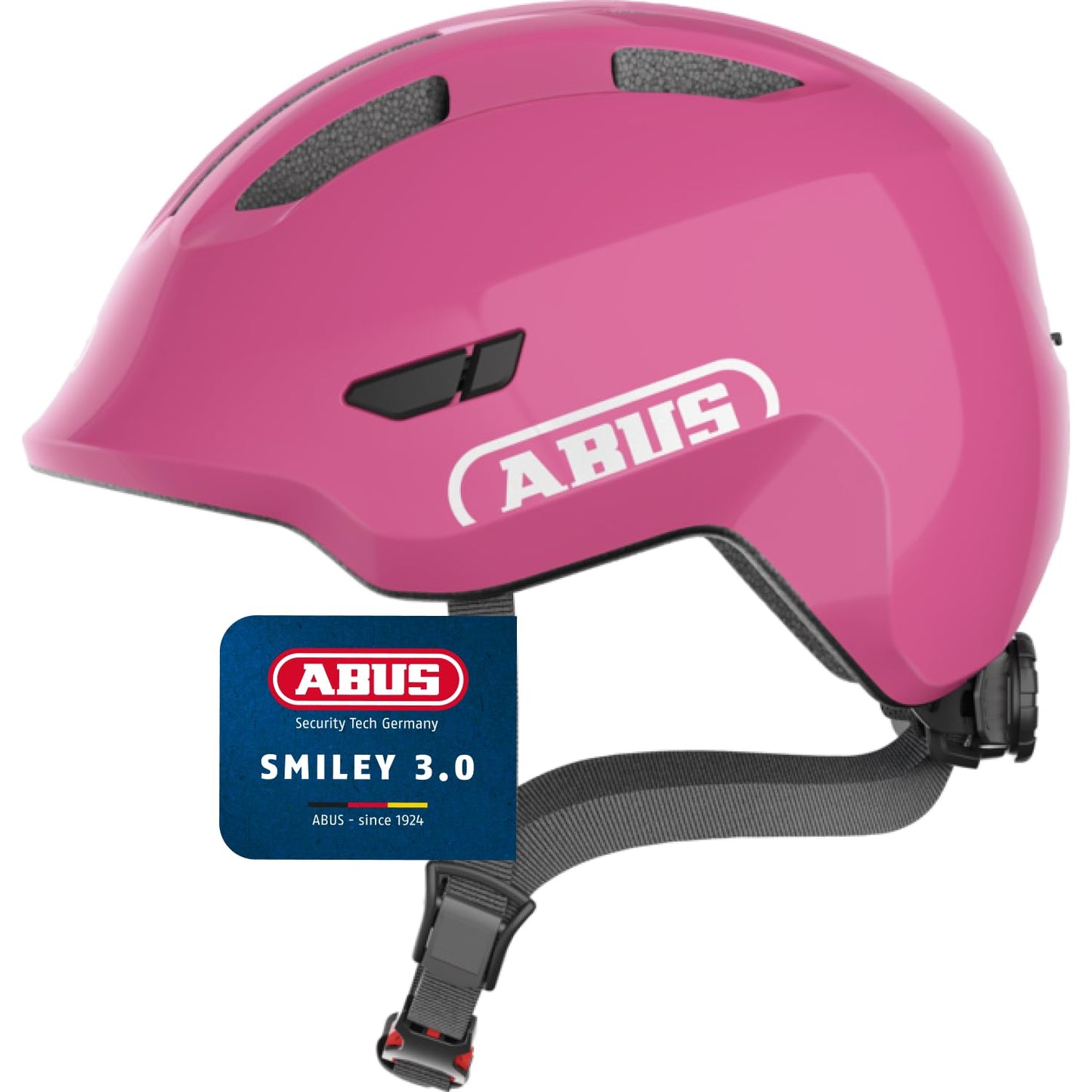 ABUS children's helmet Smiley 3.0 - bicycle helmet with a deep fit, child-friendly designs & space for a braid - for girls and boys - shiny pink, size M - 67272