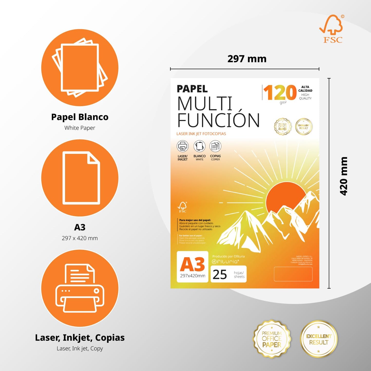 A3 Paper 120g 400 Sheets, Multifunctional Paper for Printers, Paper for Projects, Illustration, Lettering, Professional Creative Projects, A3 Office Paper, School Supplies - Ofituria (120g, 400 Sheets) - COM0574